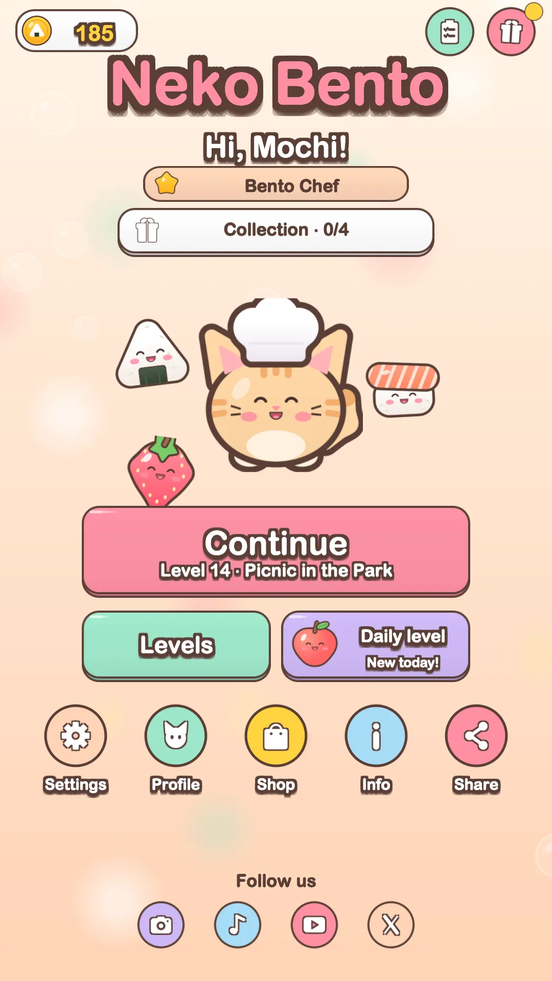 Neko Bento main menu: the orange chef kitten with an onigiri, a sushi and a strawberry, and the Continue, Levels and Daily level buttons.