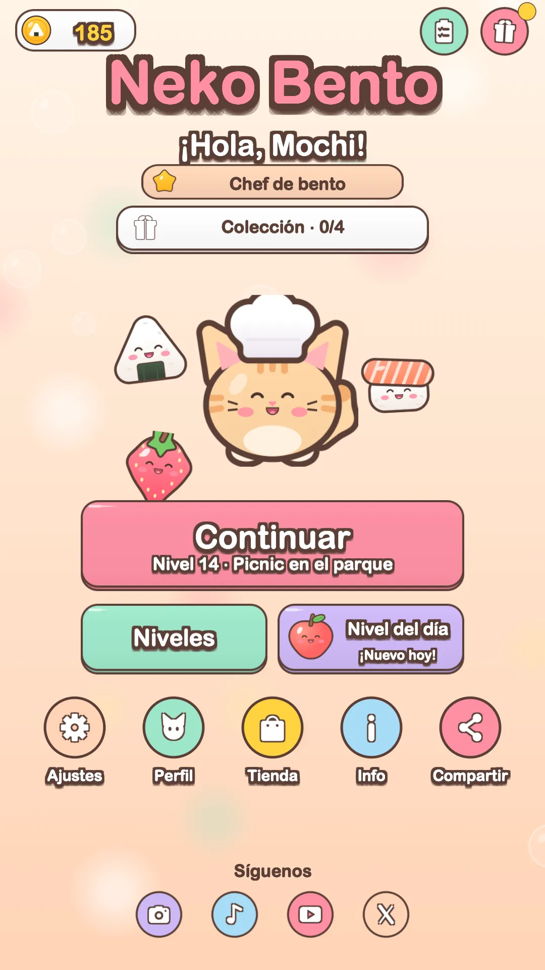 Menú principal de Neko Bento: el gatito chef naranja con un onigiri, un sushi y una fresa, y los botones Continuar, Niveles y Nivel del día.