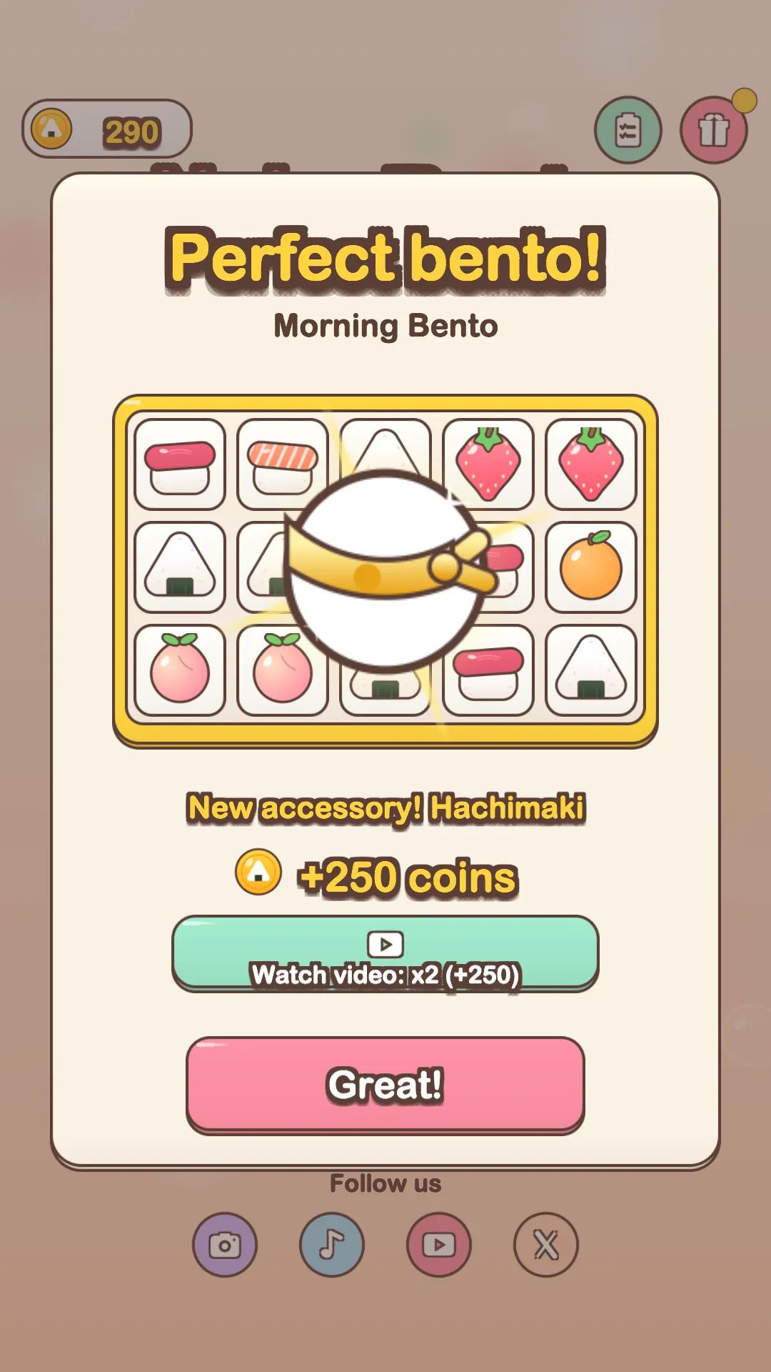 Perfect bento! celebration: the Morning Bento box full of food and the hachimaki, the kitten's new accessory, plus 250 coins.