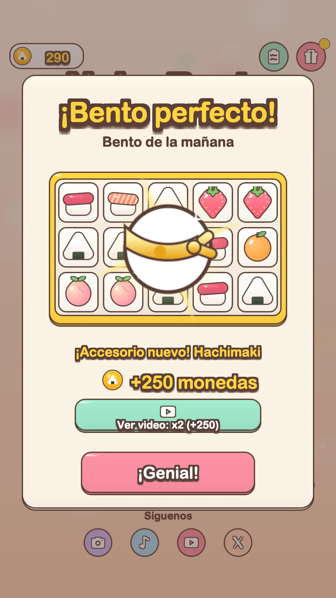 Celebración de ¡Bento perfecto!: la caja del Bento de la mañana llena de comida y el hachimaki, el accesorio nuevo del gatito, con 250 monedas de premio.